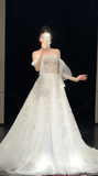 Elegant Strapless A-Line Long Wedding Dresses Tulle Beaded Bridal Gowns Applique White Bridal Dresses HZ1121