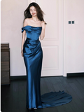 Glam One Shoulder Sheath Long Prom Dresses Satin Navy Blue Evening Dresses HZ1121