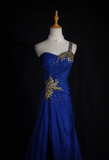 Gorgeous Sheath Royal Blue Long Prom Dresses One-shoulder Sleeveless Evening Dresses Chiffon Royal Blue Formal Dresses HZ1121