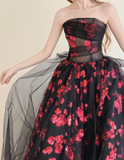 Fairy Ball Gown Black Long Prom Dresses Strapless Tulle Sleeveless Black Quinceanera Dresses Sweet 16 Dress HZ1121