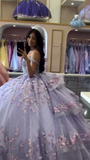 Gorgeous Off-the-shoulder Ball Gown Lavender Long Prom Dresses Tulle Applique Lavender Quinceanera Dresses Sweet 16 Dress HZ1121
