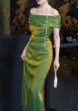 Elegant Sheath Green Long Prom Dresses Off Shoulder Satin Green Wedding Guest Dresses HZ1121