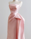 Cute Sheath Pink Long Prom Dresses Strapless Sleeveless Formal Dresses Satin Pink Birthday Dresses HZ1121