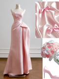 Cute Sheath Pink Long Prom Dresses Strapless Sleeveless Formal Dresses Satin Pink Birthday Dresses HZ1121