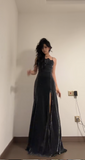 Sexy Sheath Dark Grey Long Prom Dresses with Slits, Spaghetti Straps Satin Dark Grey Birthday Dresses HZ1121