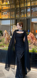 Elegant Sheath Black Long Prom Dresses Tulle Sequin Black Wedding Guest Dresses HZ1121