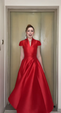 Elegant A-Line Short Sleeve Red Mother of the Bride Dresses Satin Red Evening Dresses HZ1121