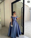 Elegant A-Line Short Sleeve Navy Blue Mother of the Bride Dresses Satin Navy Blue Evening Dresses HZ1121