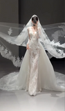 Modest V-neck Sheath Train Long Wedding Dresses Long Sleeve Lace Applique Bridal Dresses White Bridal Gowns HZ1121
