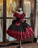 Cute V-neck Short Ball Gown Short Sleeves Satin Black/Red Birthday Dresses Sweet Black/Red Lolita Dresses HZ1121