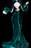 Sexy V-neck Mermaid Dark Green Long Prom Dresses Long Sleeve Velvet Dark Green Evening Dresses HZ1121