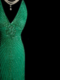 Vintage Mermaid V Neck Backless Green With Beads Long Prom Dresses Party Dress Evening Dress HZ1121