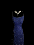 Vintage Mermaid Spaghetti Straps Blue Backless Sequin Long Prom Dresses Party Dress Evening Dress HZ1121