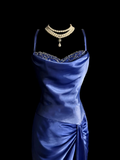 Vintage Mermaid Spaghetti Straps Satin Long Prom Dresses Ruffles Evening Gowns Evening Dress HZ1121