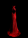 Vintage Mermaid V Neck Sleeveless Satin Long Prom Dresses Ruffles Evening Gowns Evening Dress HZ1121