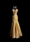 Vintage Mermaid Halter Sleeveless Satin Long Prom Dresses Ruffles Evening Gowns Evening Dress HZ1121