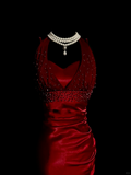 Vintage Mermaid Halter Sleeveless Red Satin Long Prom Dresses Ruffles Evening Gowns Evening Dress HZ1121