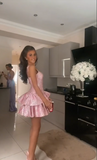 Cute A line Pink Straps Short Summer Birthday Dress Hoco Dress Birthday Outfit 19th Birthday Mini Party Dresses HZ1121