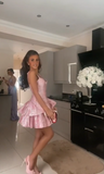Cute A line Pink Straps Short Summer Birthday Dress Hoco Dress Birthday Outfit 19th Birthday Mini Party Dresses HZ1121