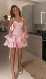 Cute A line Pink Straps Short Summer Birthday Dress Hoco Dress Birthday Outfit 19th Birthday Mini Party Dresses HZ1121