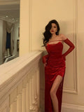 Sexy Sheath Strapless Red Slit Sleeveless Prom Dresses Party Dress Summer Birthday Outfits 20th Birthday Dresses HZ1121