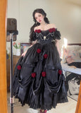 Retro Ball Gown Off The Shoulder Short Sleeves Black Rose Floral 16th Chiffon Birthday Dress Lolita Dress 18th Birthday Outfits HZ1121