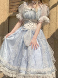 Sweet A line Blue Lace Tulle Short Sleeves 16th Birthday Dress Lolita Dresses Summer Birthday Outfits HZ1121