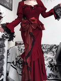 Vintage Mermaid Sweetheart Long Sleeves Burgundy Black Lace Summer 18th Birthday Dress Lolita Dress Birthday Outfits HZ1121
