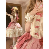 Sweet Ball Gown Square Neck Short Sleeves Gothic Pink Lace 16th Birthday Dress Lolita Dress Birthday Outfits HZ1121