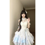 Vintage Ball Gown High Neck Light Sky Blue Chiffon Short Summer 18th Birthday Dress Lolita Dress Birthday Outfits HZ1121