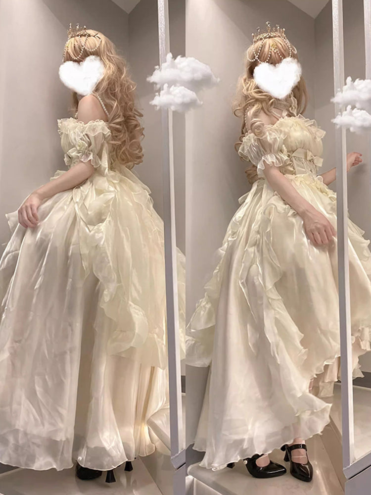 Beautiful High Low Off The Shoulder Short Sleeves Ivory Floral 16th Chiffon Birthday Dress Lolita Dress 18th Birthday Outfits HZ1121