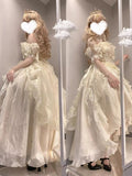 Beautiful High Low Off The Shoulder Short Sleeves Ivory Floral 16th Chiffon Birthday Dress Lolita Dress 18th Birthday Outfits HZ1121