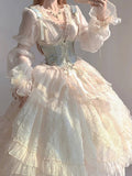 Retro Ball Gown V Neck Long Sleeves White Rose Floral 16th Chiffon Birthday Dress Lolita Dress 18th Birthday Outfits HZ1121