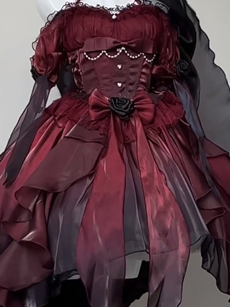 Beautiful High Low Off The Shoulder Short Sleeves Burgundy Rose Floral 16th Chiffon Birthday Dress Lolita Dress 18th Birthday Outfits HZ1121