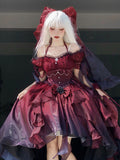 Beautiful High Low Off The Shoulder Short Sleeves Ombre Burgundy Floral 16th Chiffon Birthday Dress Lolita Dress 18th Birthday Outfits HZ1121