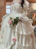 Retro Ball Gown Off The Shoulder Short Sleeves White Rose Floral 16th Chiffon Birthday Dress Lolita Dress 18th Birthday Outfits HZ1121