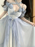 Sweet A line Sweetheart Blue Chiffon Floral Long 16th Birthday Dress Lolita Dress Birthday Outfits HZ1121