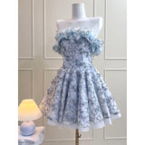 Simple A line Strapless Blue Lace Party Dresses Short Formal Homecoming Dresses Night Chic Elegant Short Dresses Cocktail Dress 18th Birthday Outfits Hoco Dresses HZ1121