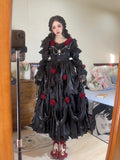 Retro Ball Gown Off The Shoulder Short Sleeves Black Rose Floral 16th Chiffon Birthday Dress Lolita Dress 18th Birthday Outfits HZ1121