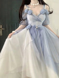 Sweet A line Sweetheart Blue Chiffon Floral Long 16th Birthday Dress Lolita Dress Birthday Outfits HZ1121