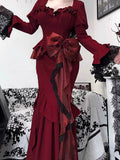 Vintage Mermaid Sweetheart Long Sleeves Burgundy Black Lace Summer 18th Birthday Dress Lolita Dress Birthday Outfits HZ1121