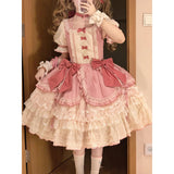 Sweet Ball Gown Square Neck Short Sleeves Gothic Pink Lace 16th Birthday Dress Lolita Dress Birthday Outfits HZ1121