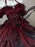 Beautiful High Low Off The Shoulder Short Sleeves Burgundy Rose Floral 16th Chiffon Birthday Dress Lolita Dress 18th Birthday Outfits HZ1121