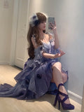 Vintage Ball Gown Spaghetti Straps Grape Chiffon Summer 18th Birthday Dress High Low Ombre Blue Pearls Lolita Dress Birthday Outfits HZ1121