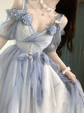 Sweet A line Sweetheart Blue Chiffon Floral Long 16th Birthday Dress Lolita Dress Birthday Outfits HZ1121