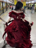 Retro Ball Gown Off The Shoulder Short Sleeves Burgundy Floral 16th Chiffon Birthday Dress Lolita Dress 18th Birthday Outfits HZ1121
