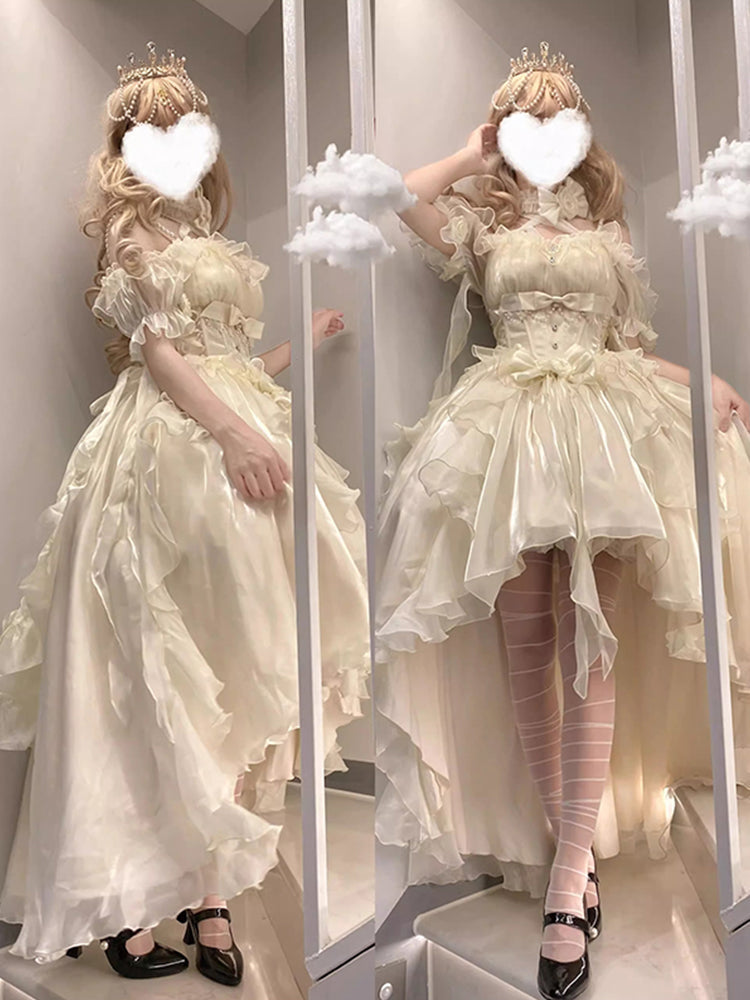 Beautiful High Low Off The Shoulder Short Sleeves Ivory Floral 16th Chiffon Birthday Dress Lolita Dress 18th Birthday Outfits HZ1121