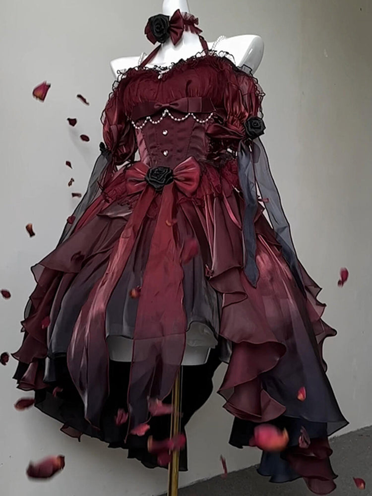 Beautiful High Low Off The Shoulder Short Sleeves Burgundy Rose Floral 16th Chiffon Birthday Dress Lolita Dress 18th Birthday Outfits HZ1121
