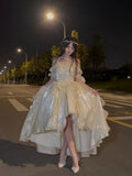 Princess High Low Off The Shoulder Short Sleeves Ivory Floral 16th Chiffon Birthday Dress Lolita Dress 18th Birthday Outfits HZ1121