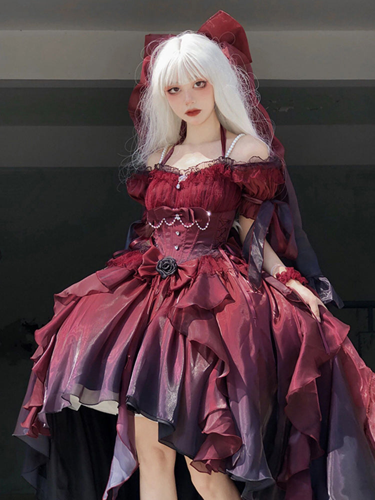 Beautiful High Low Off The Shoulder Short Sleeves Ombre Burgundy Floral 16th Chiffon Birthday Dress Lolita Dress 18th Birthday Outfits HZ1121